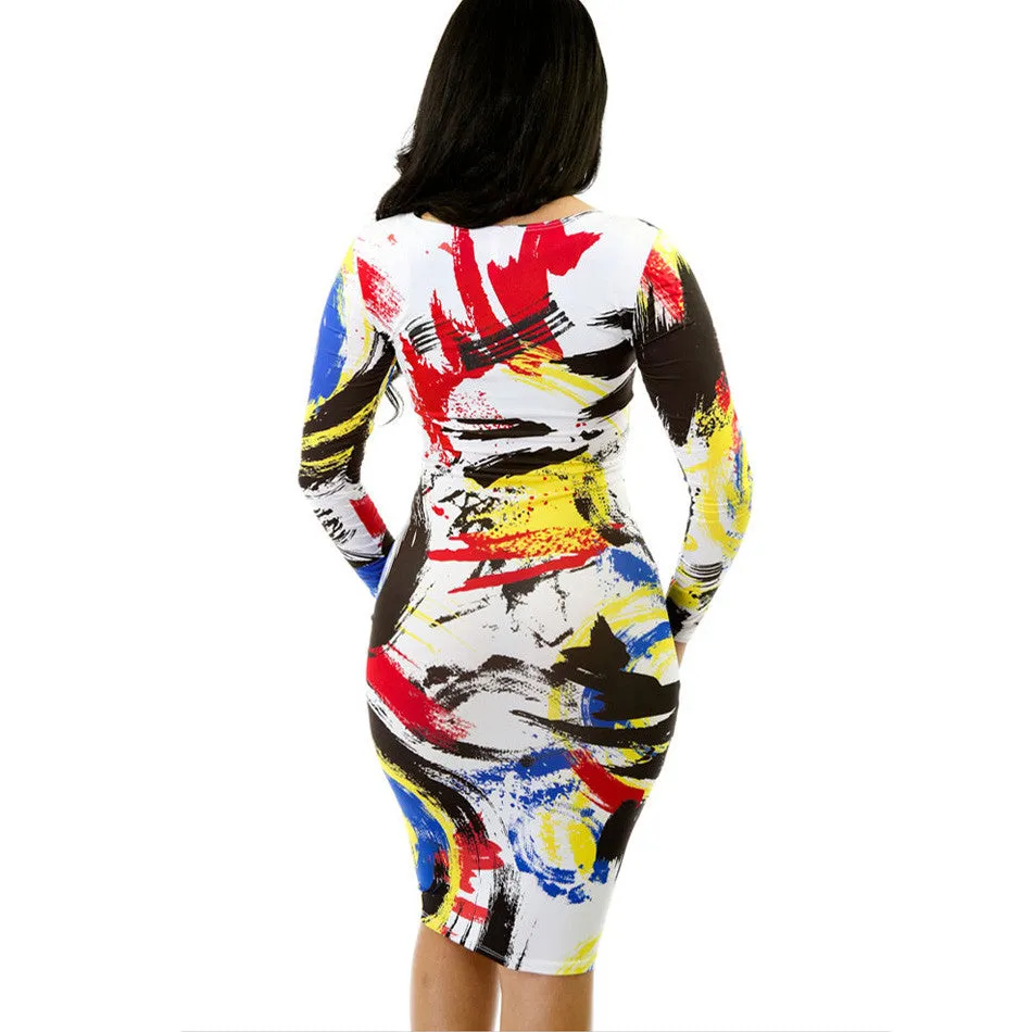 -Forward Splash Pattern African Print Dresses Midi Casual Dresses Long Sleeve  Dress Bodycon LC60107 SM6