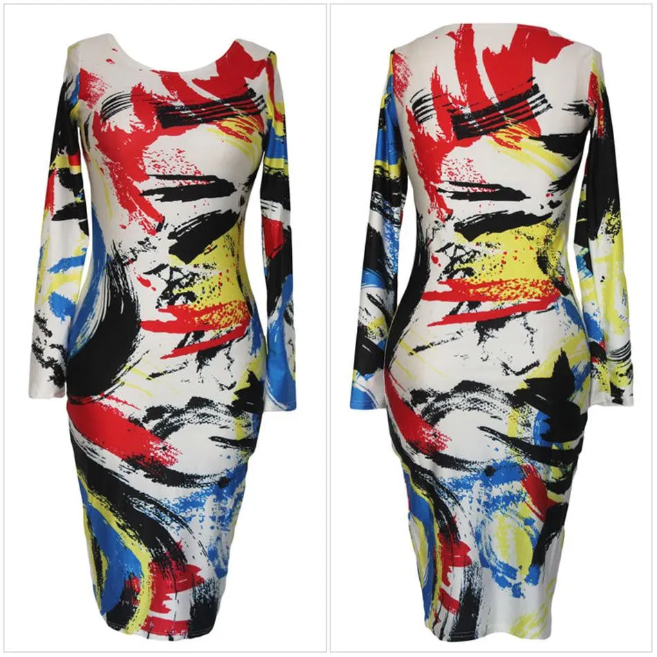 -Forward Splash Pattern African Print Dresses Midi Casual Dresses Long Sleeve  Dress Bodycon LC60107 SM6