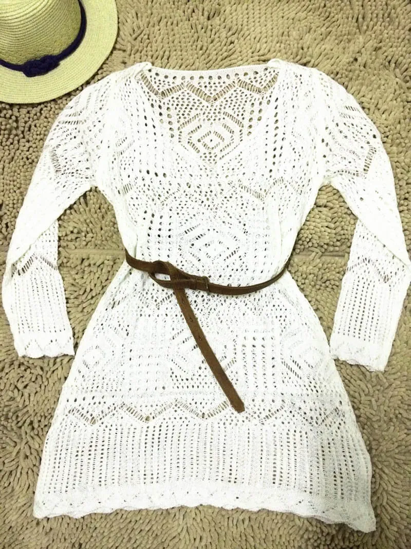 2016 Super Deal, Newest Sexy Women Dress Hollow Out White Lace Dress Beach Party Dresses With Belt Casual Vestido SM6