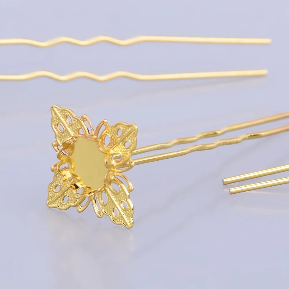 75mm U shape Wedding hair pin with 10mm Cameo Base Clips Prom Hair Pins Hair accessories gold 10pcs