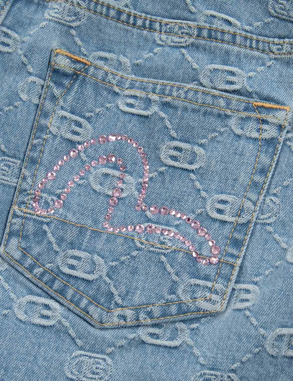 Allover Logo with Pink Diamond-Ironing Seagull Loose Fit Denim Shorts