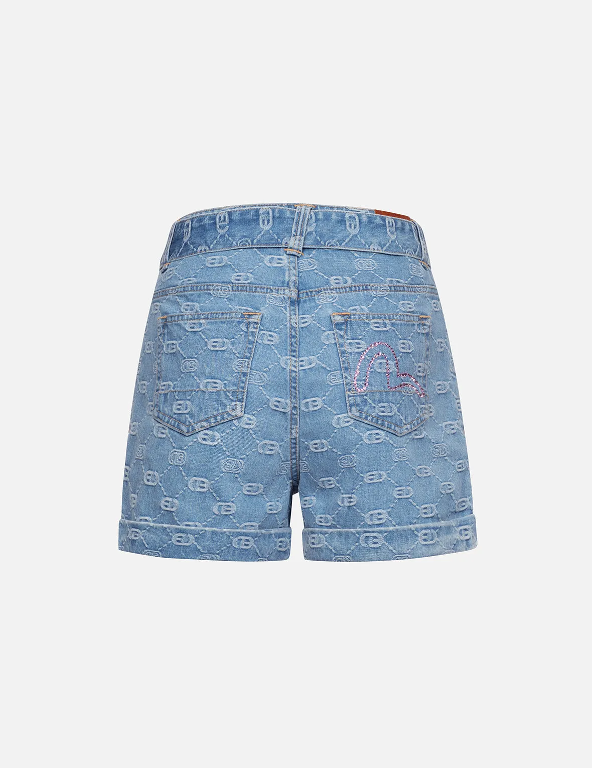 Allover Logo with Pink Diamond-Ironing Seagull Loose Fit Denim Shorts