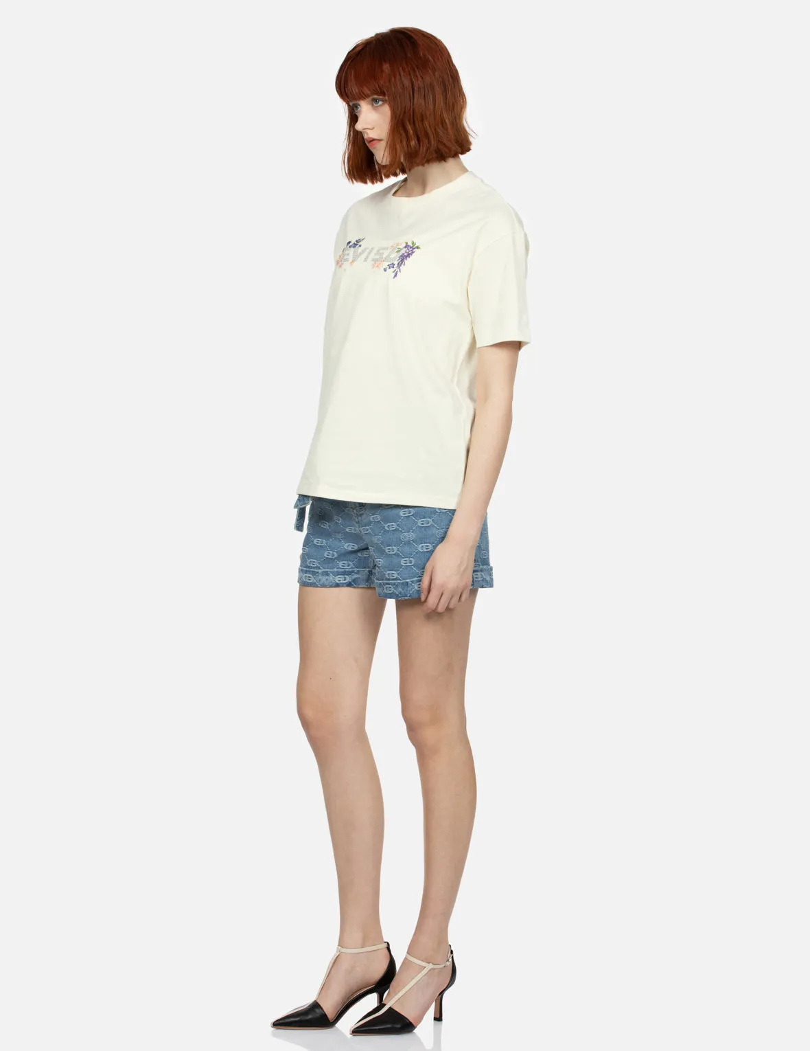 Allover Logo with Pink Diamond-Ironing Seagull Loose Fit Denim Shorts