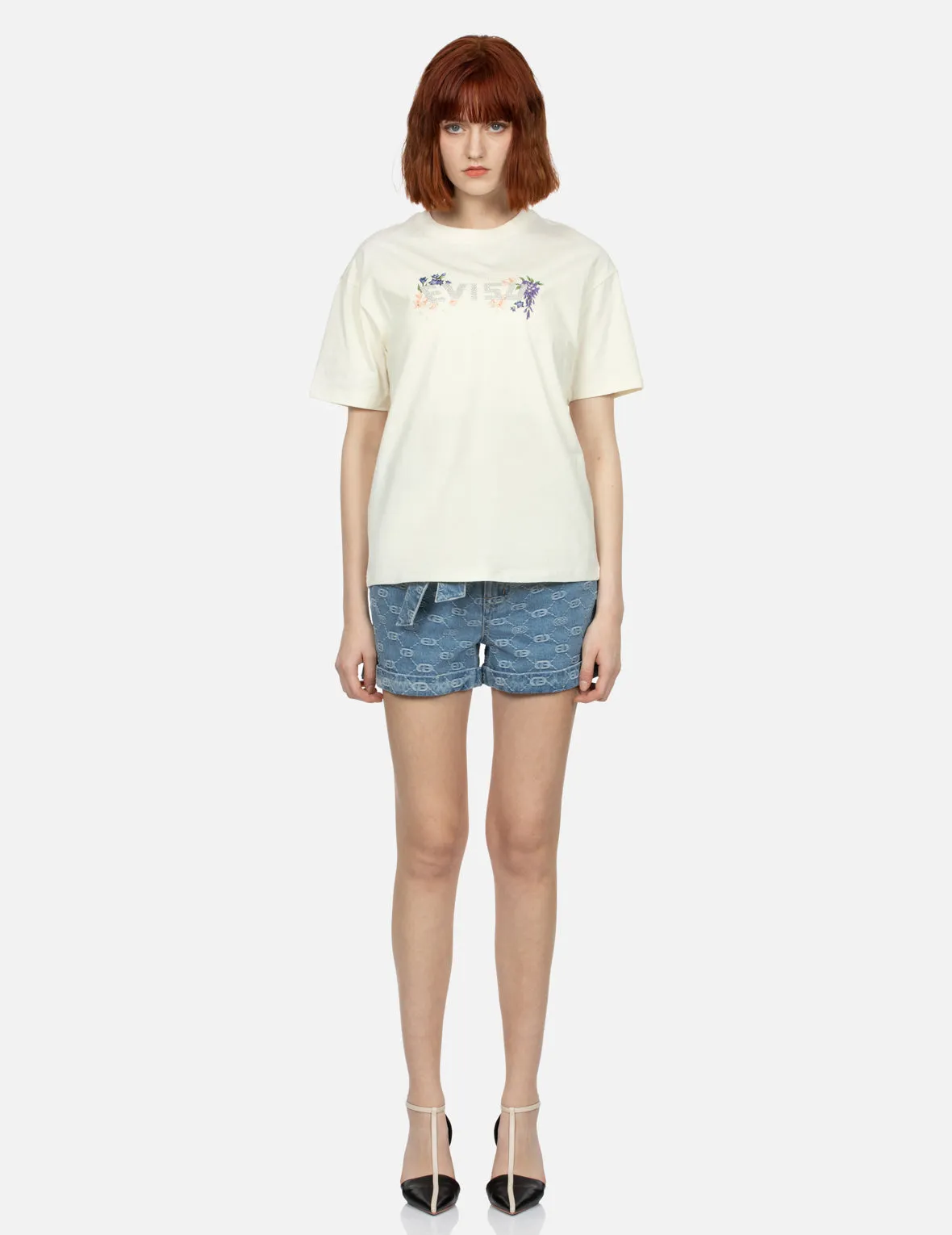 Allover Logo with Pink Diamond-Ironing Seagull Loose Fit Denim Shorts