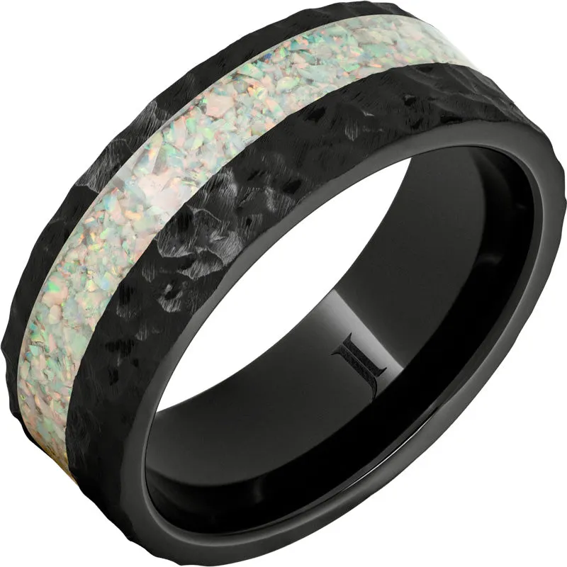 Black Diamond Ceramic Opal Inlay Ring with Hand Carved Surface