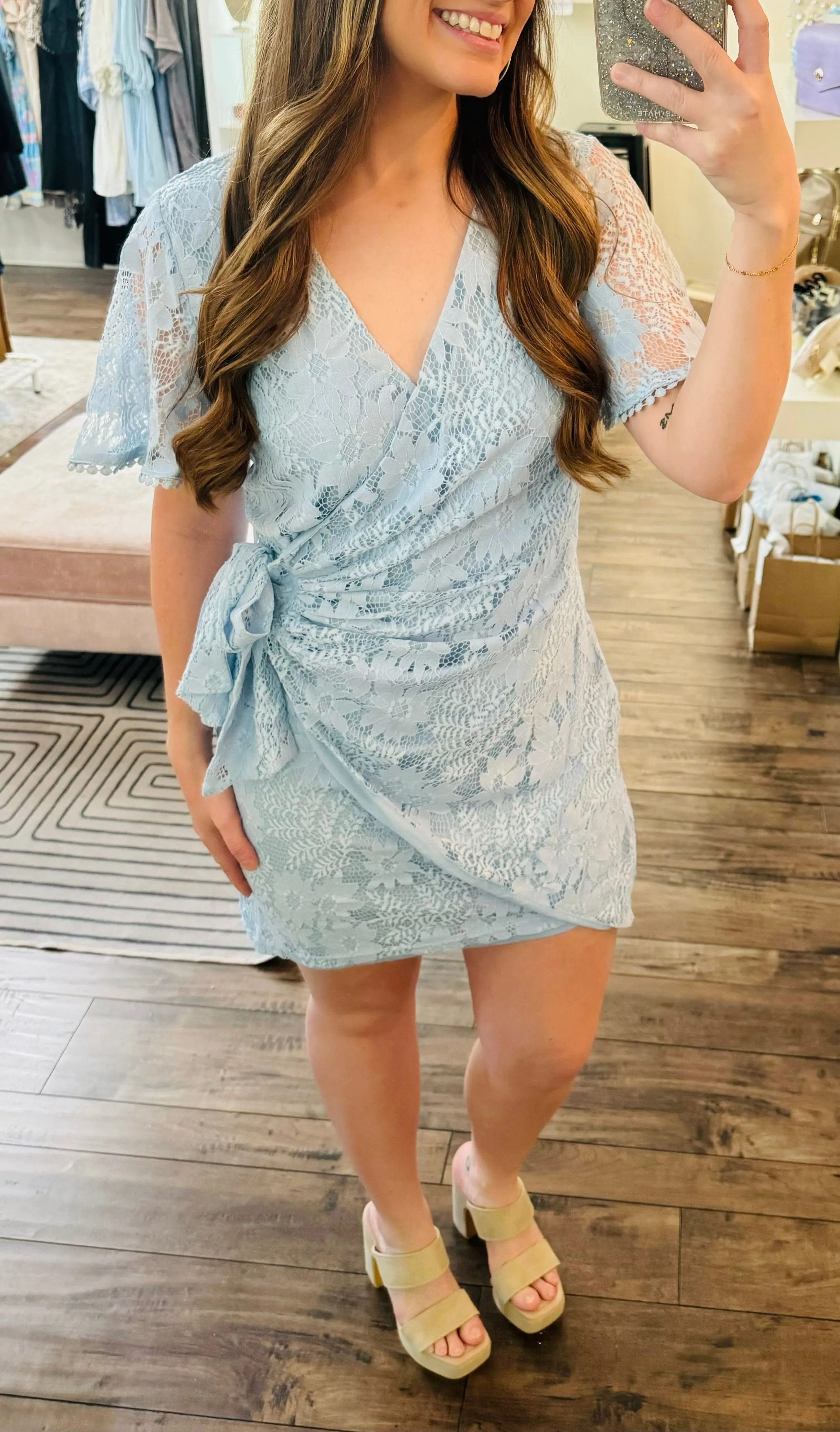 Blue Lace Wrap Dress