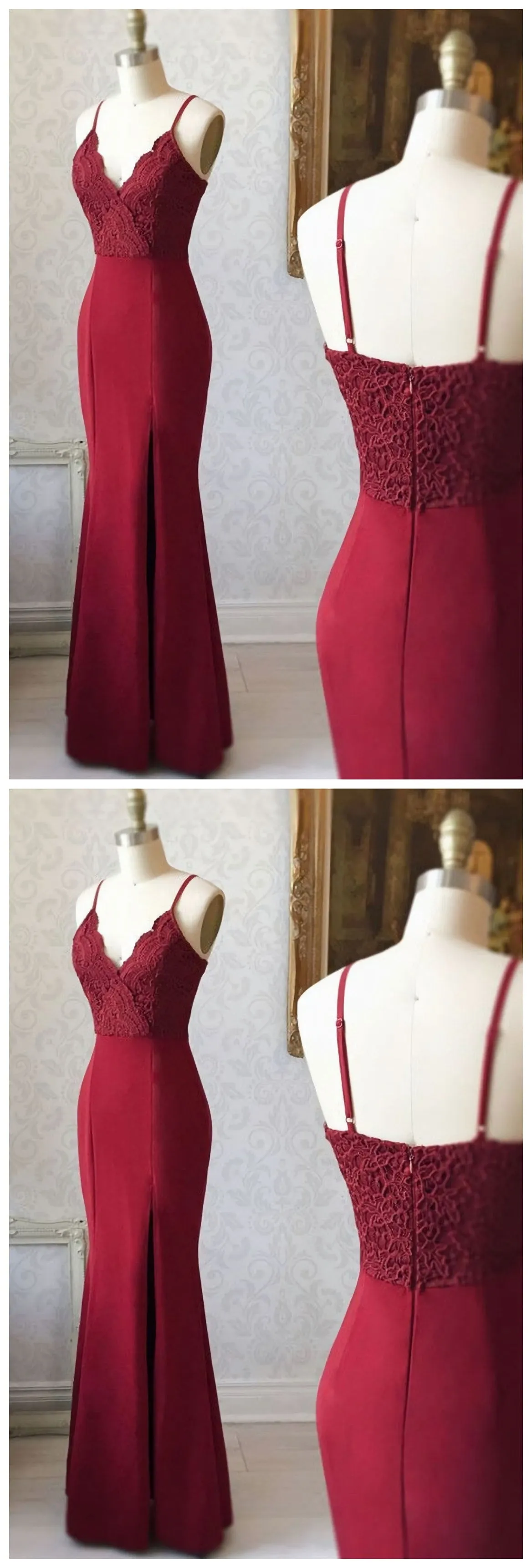 BURGUNDY V NECK LACE MERMAID LONG BURGUNDY Evening Dresses