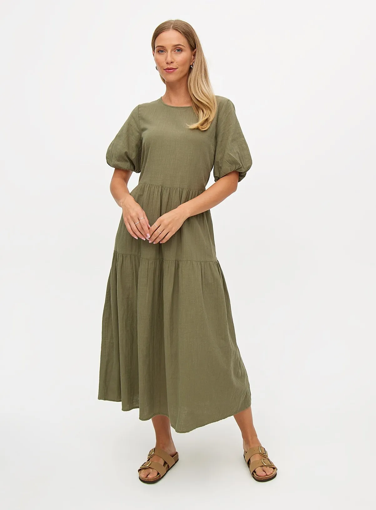 Buy Khaki Textured Puff Sleeve Midaxi Dress 24 | Dresses | Tu