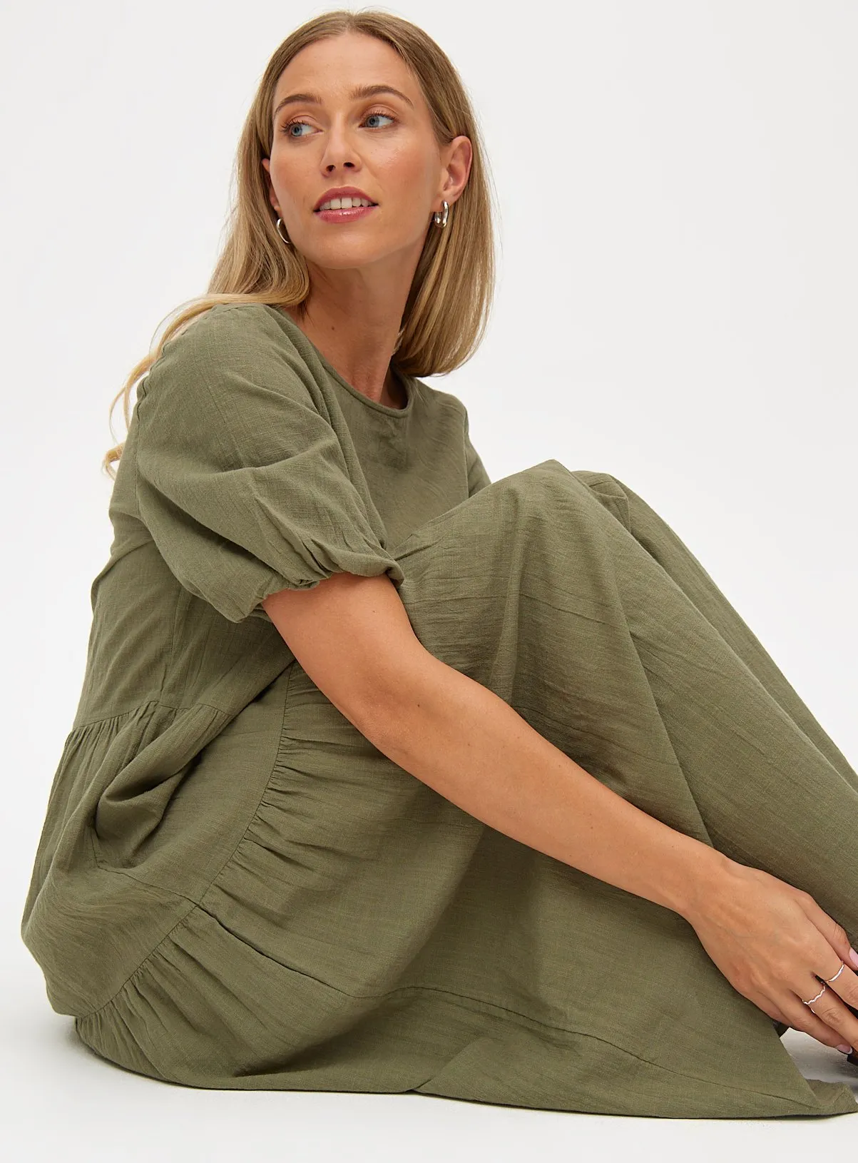 Buy Khaki Textured Puff Sleeve Midaxi Dress 24 | Dresses | Tu