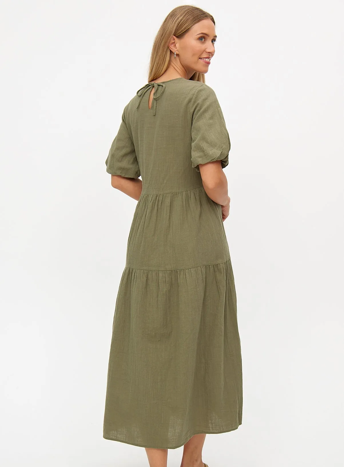 Buy Khaki Textured Puff Sleeve Midaxi Dress 24 | Dresses | Tu