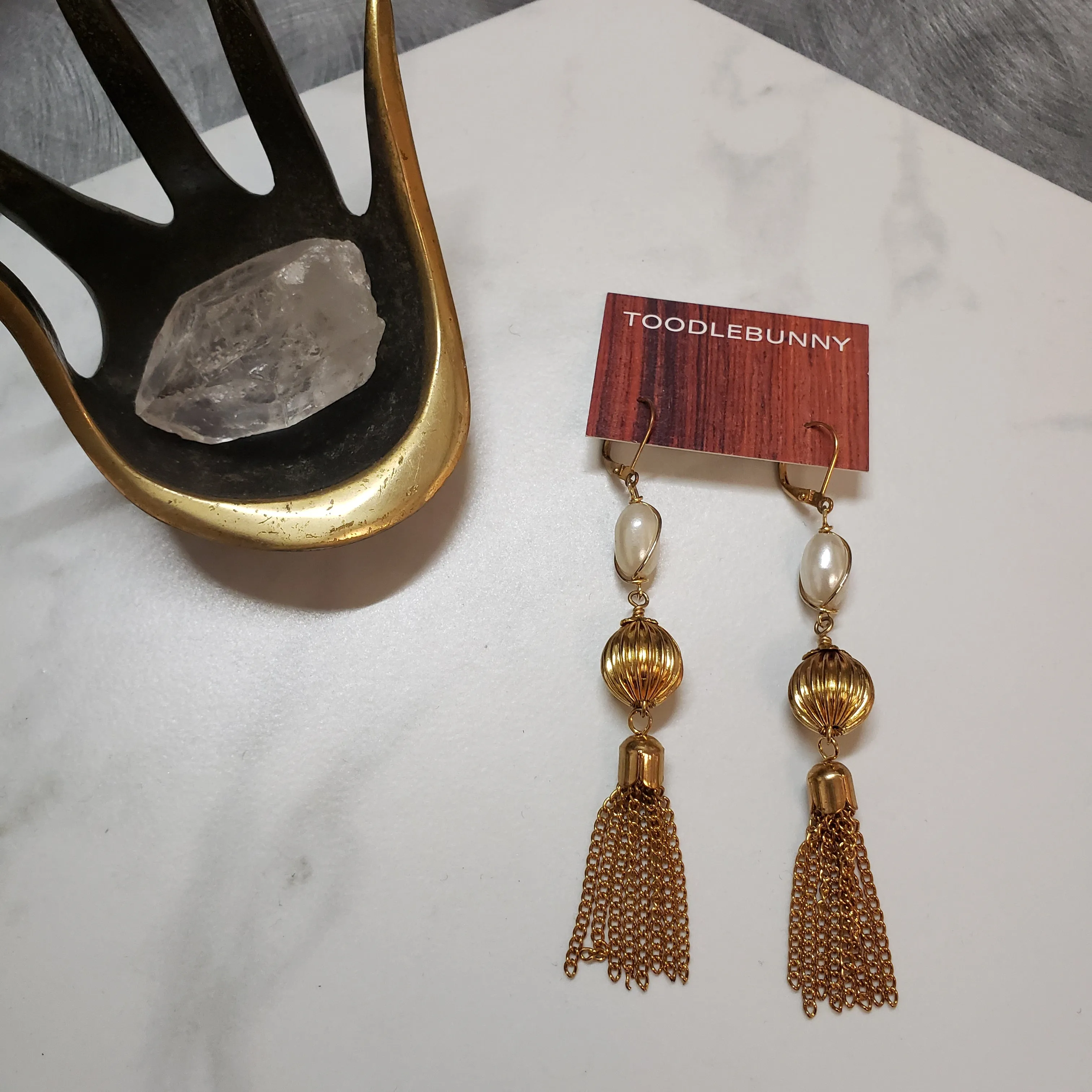 Caged Pearl tassel duster earrings