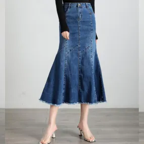 Casual Fishtail Retro Long Summer Midi Skirts Women High Waist Ruffle Jeans Bodycon Maxi Denim Skirts