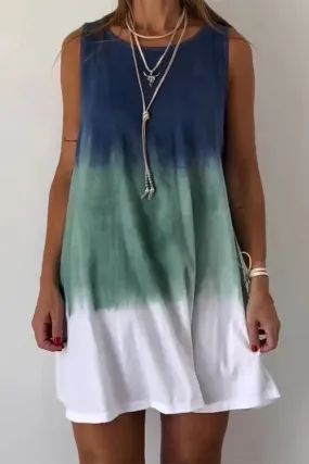 Casual Gradient Print Tie Dye Contrast O Neck Sleeveless Dresses(4 Colors)