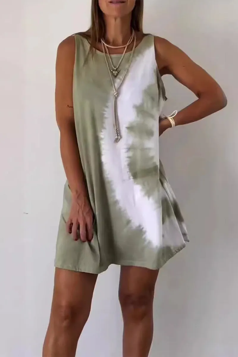 Casual Gradient Print Tie Dye Contrast O Neck Sleeveless Dresses(4 Colors)