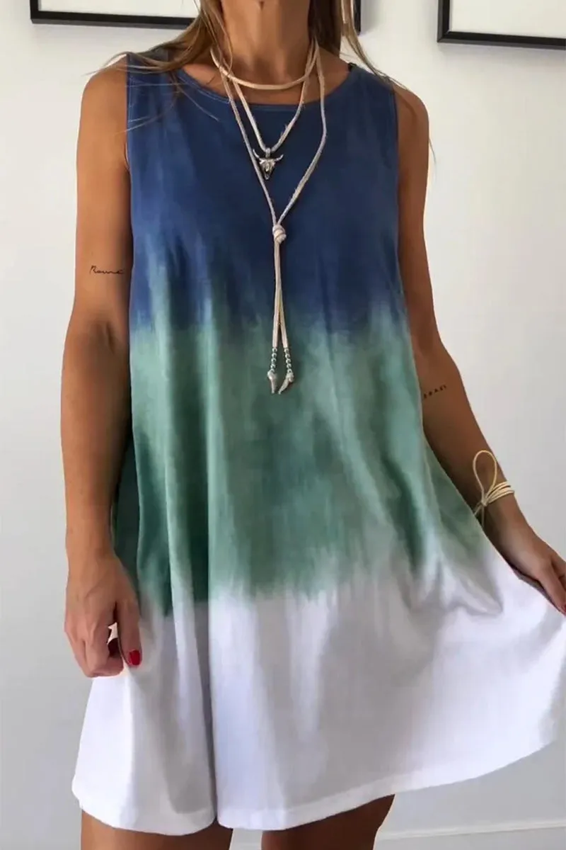 Casual Gradient Print Tie Dye Contrast O Neck Sleeveless Dresses(4 Colors)