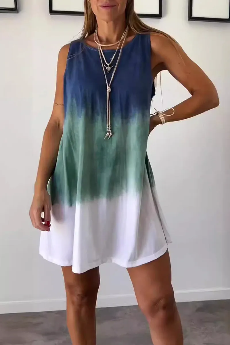 Casual Gradient Print Tie Dye Contrast O Neck Sleeveless Dresses(4 Colors)