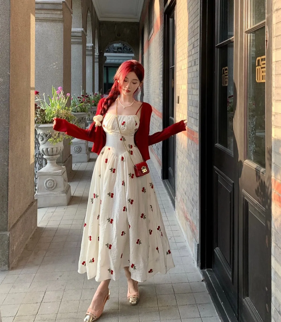 Cherry Embroidered Coquette Dress