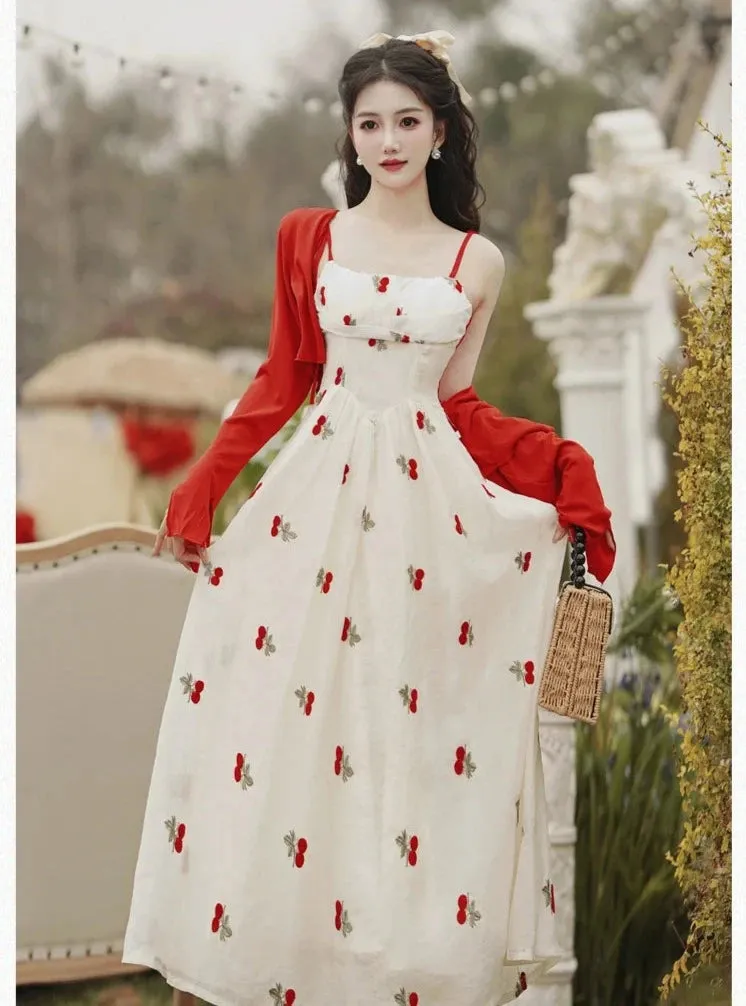 Cherry Embroidered Coquette Dress