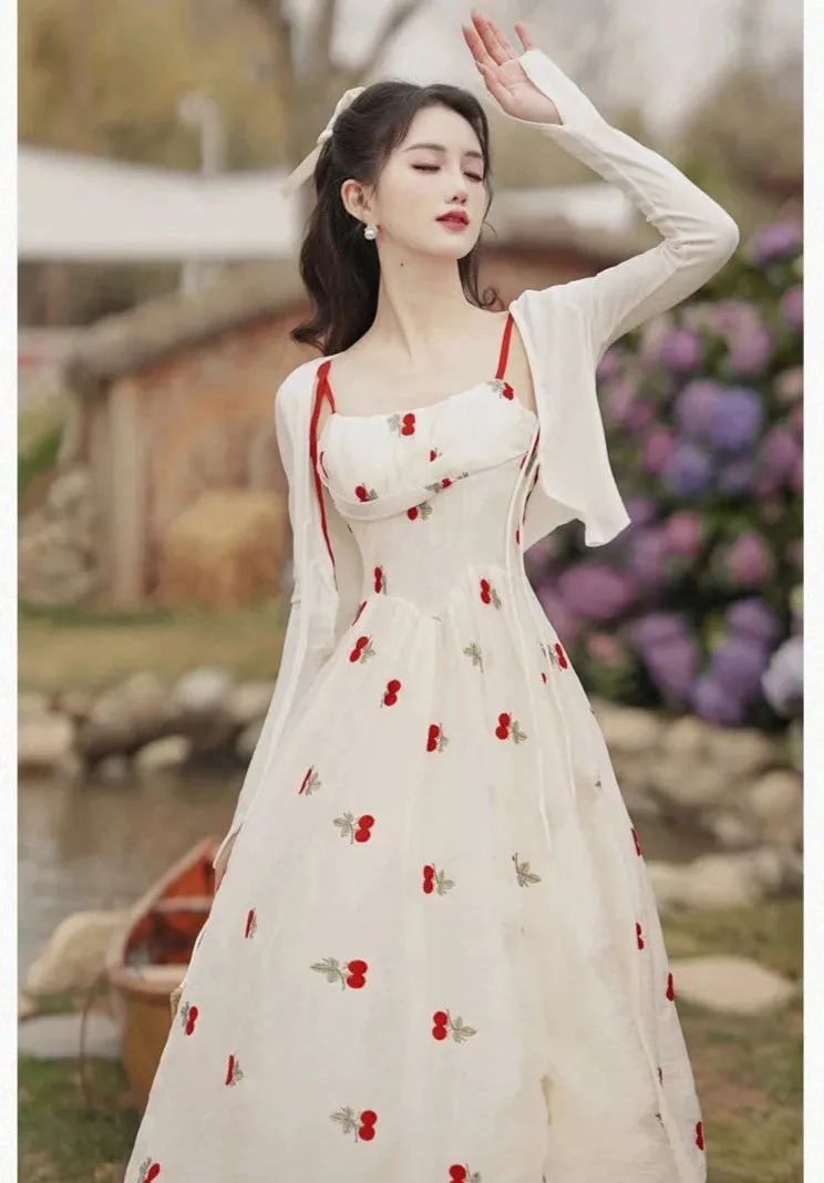 Cherry Embroidered Coquette Dress