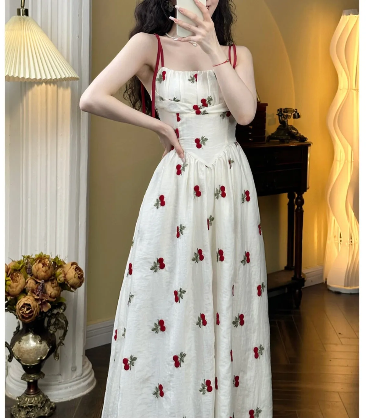 Cherry Embroidered Coquette Dress