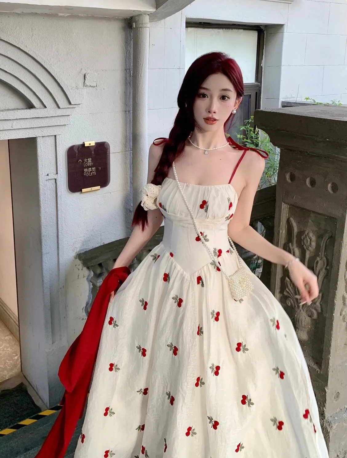 Cherry Embroidered Coquette Dress