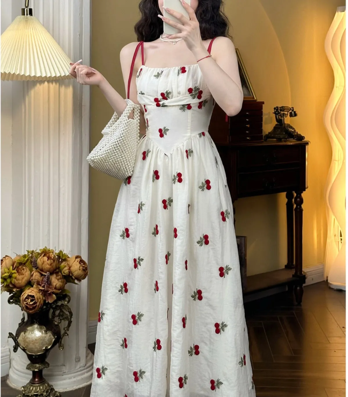 Cherry Embroidered Coquette Dress