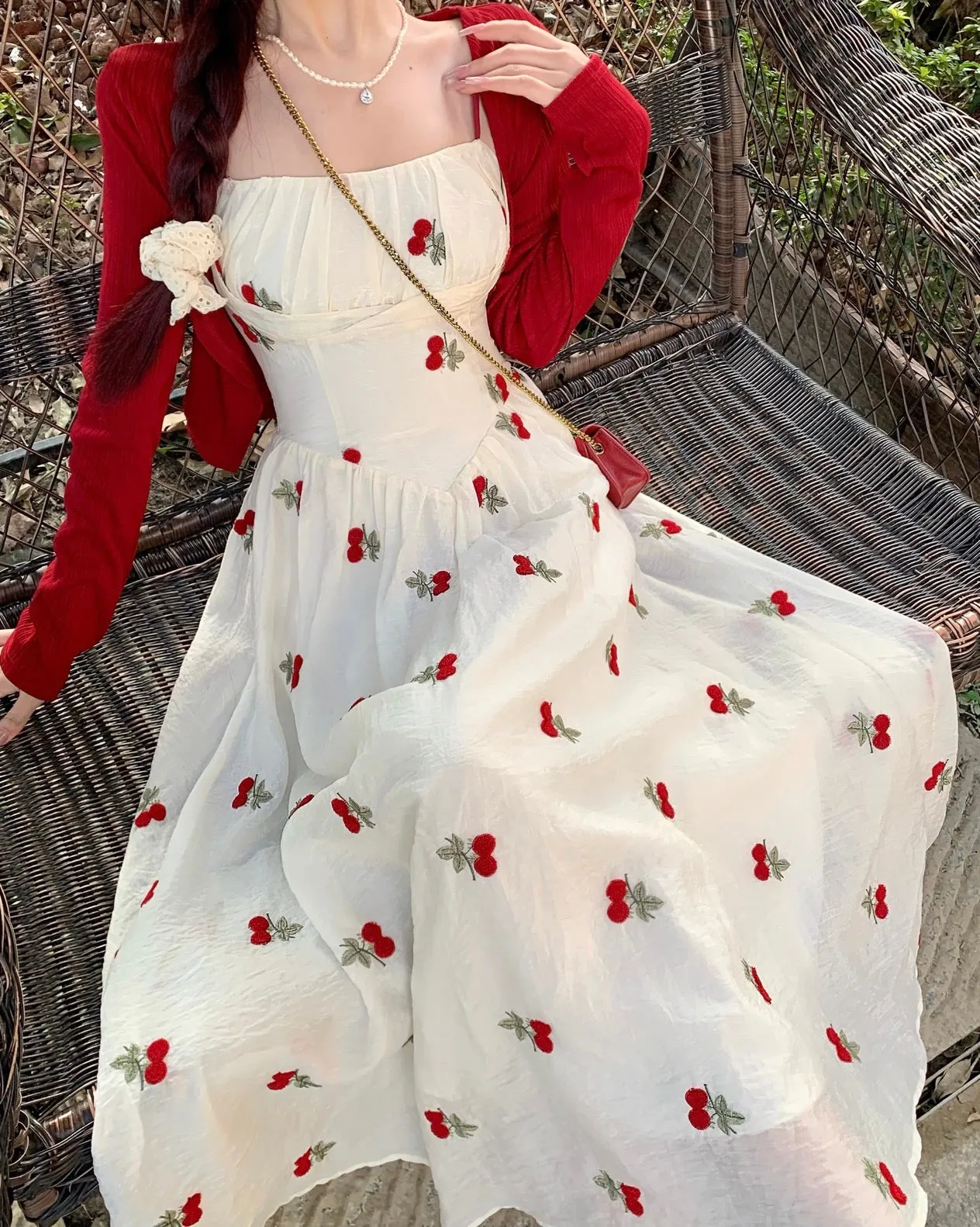 Cherry Embroidered Coquette Dress