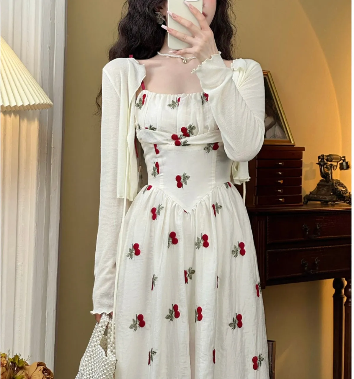 Cherry Embroidered Coquette Dress