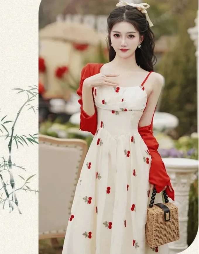 Cherry Embroidered Coquette Dress