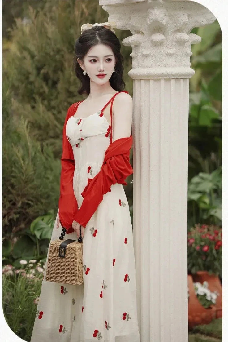 Cherry Embroidered Coquette Dress