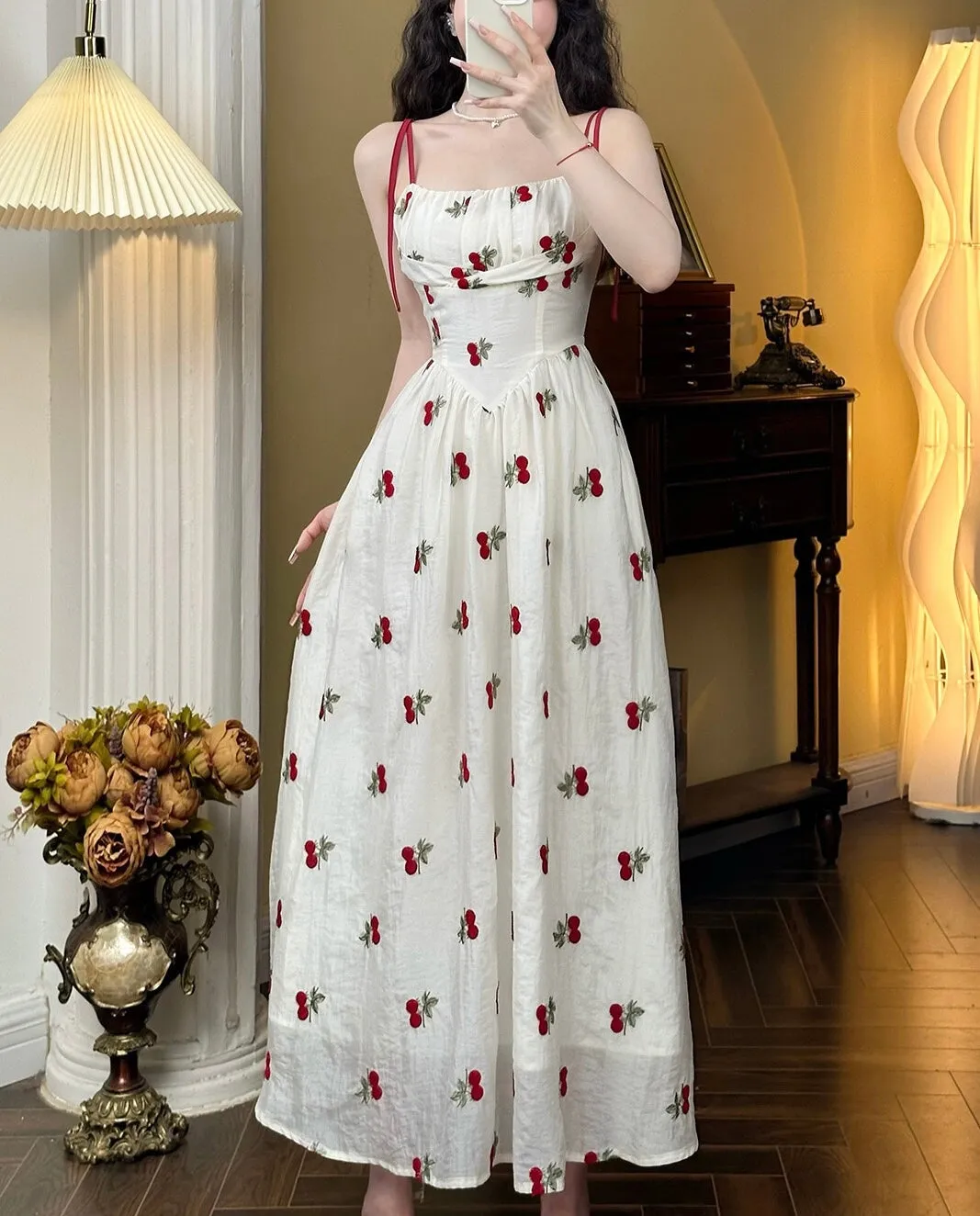 Cherry Embroidered Coquette Dress