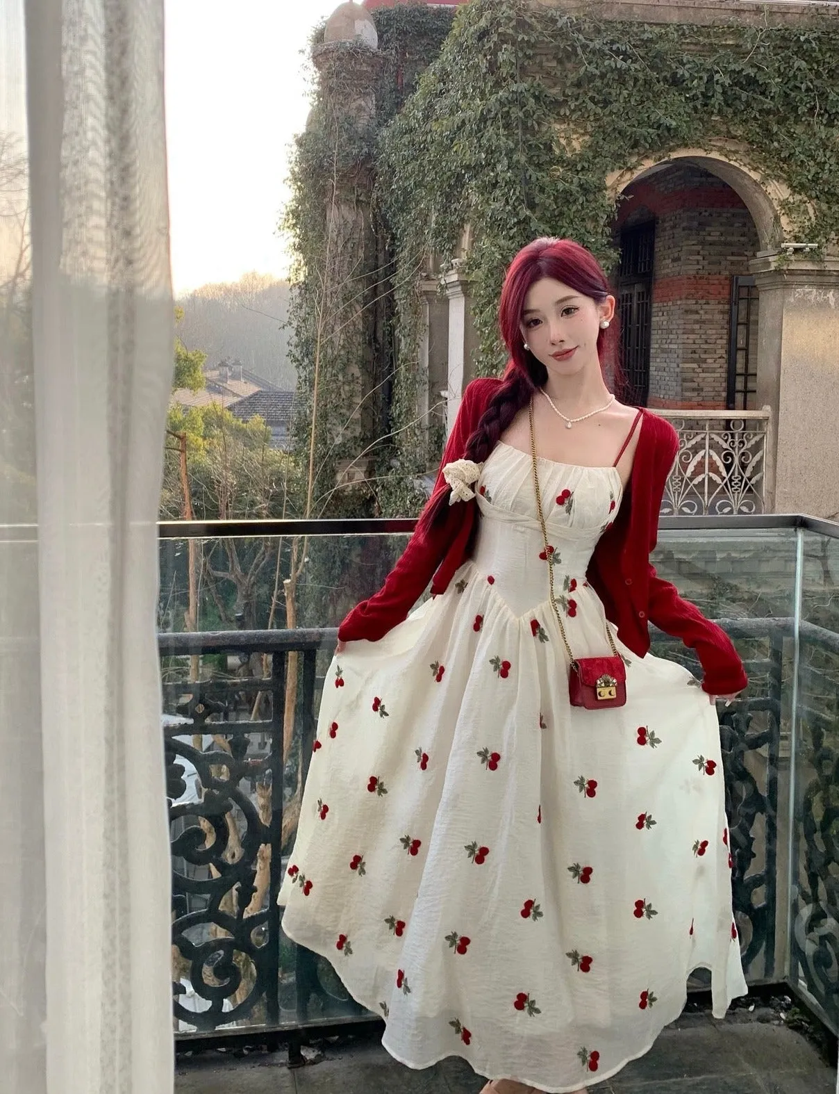 Cherry Embroidered Coquette Dress