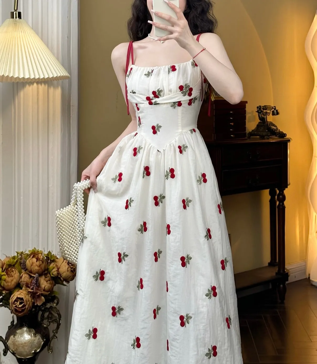 Cherry Embroidered Coquette Dress