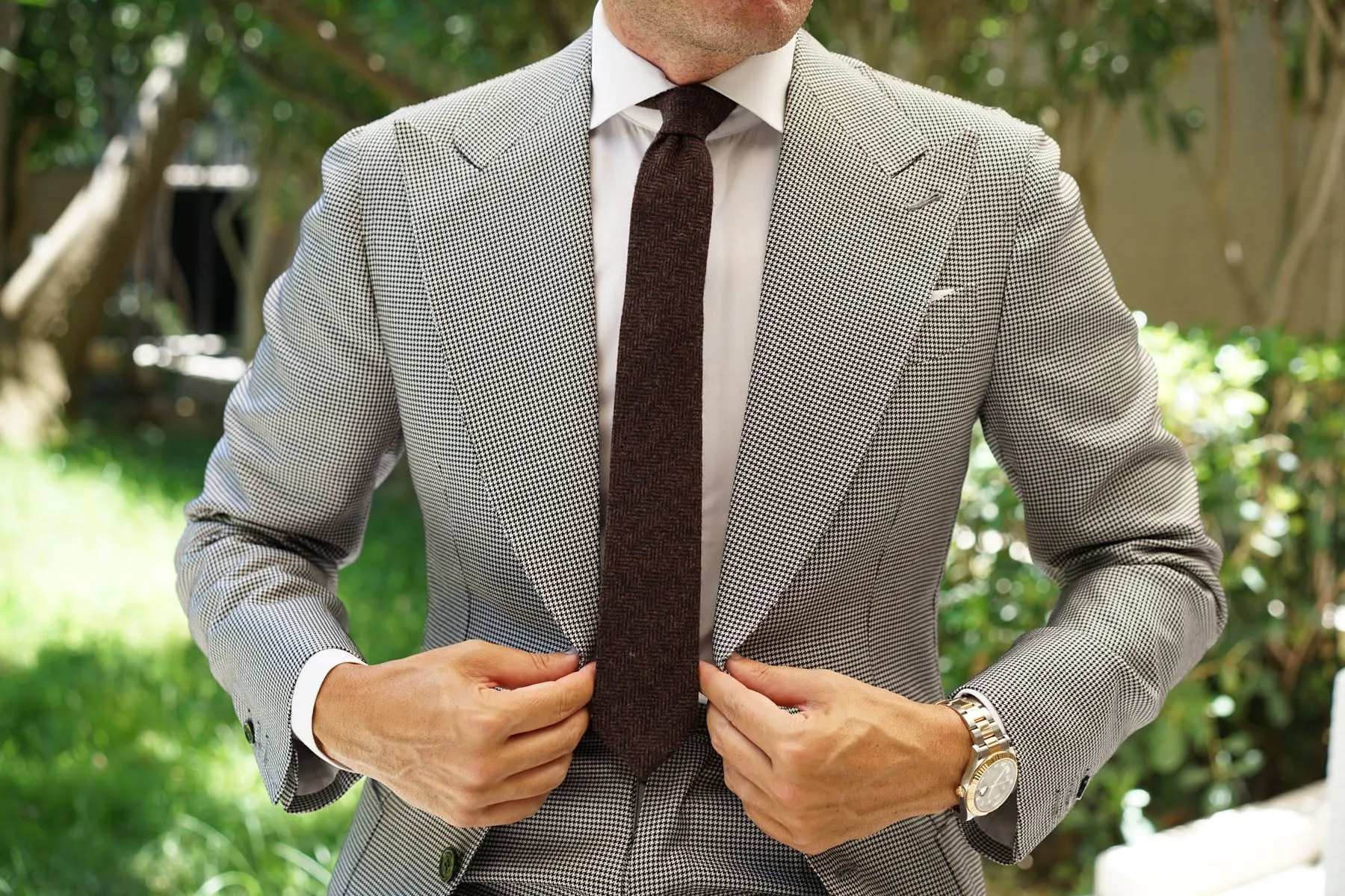 Coffee Herringbone Coarse Wool Skinny Tie