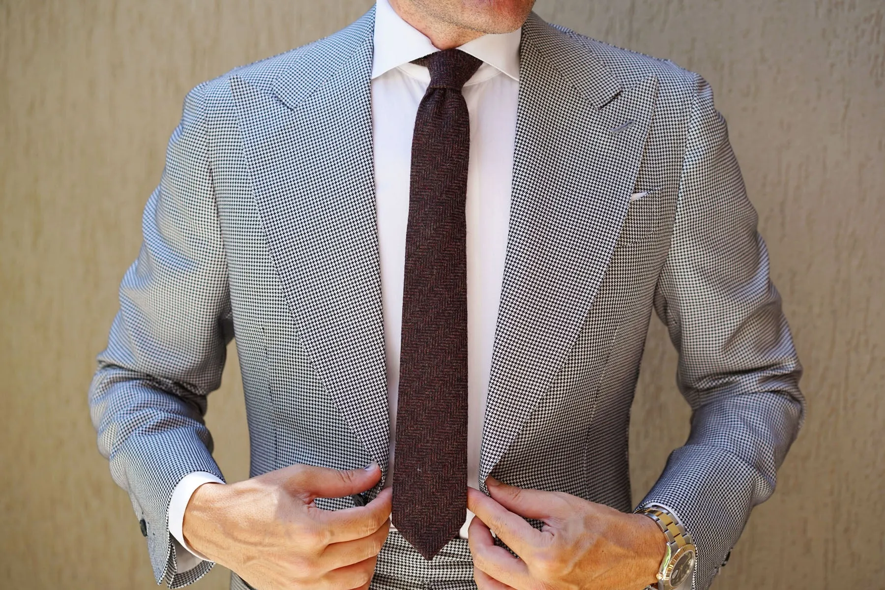 Coffee Herringbone Coarse Wool Skinny Tie