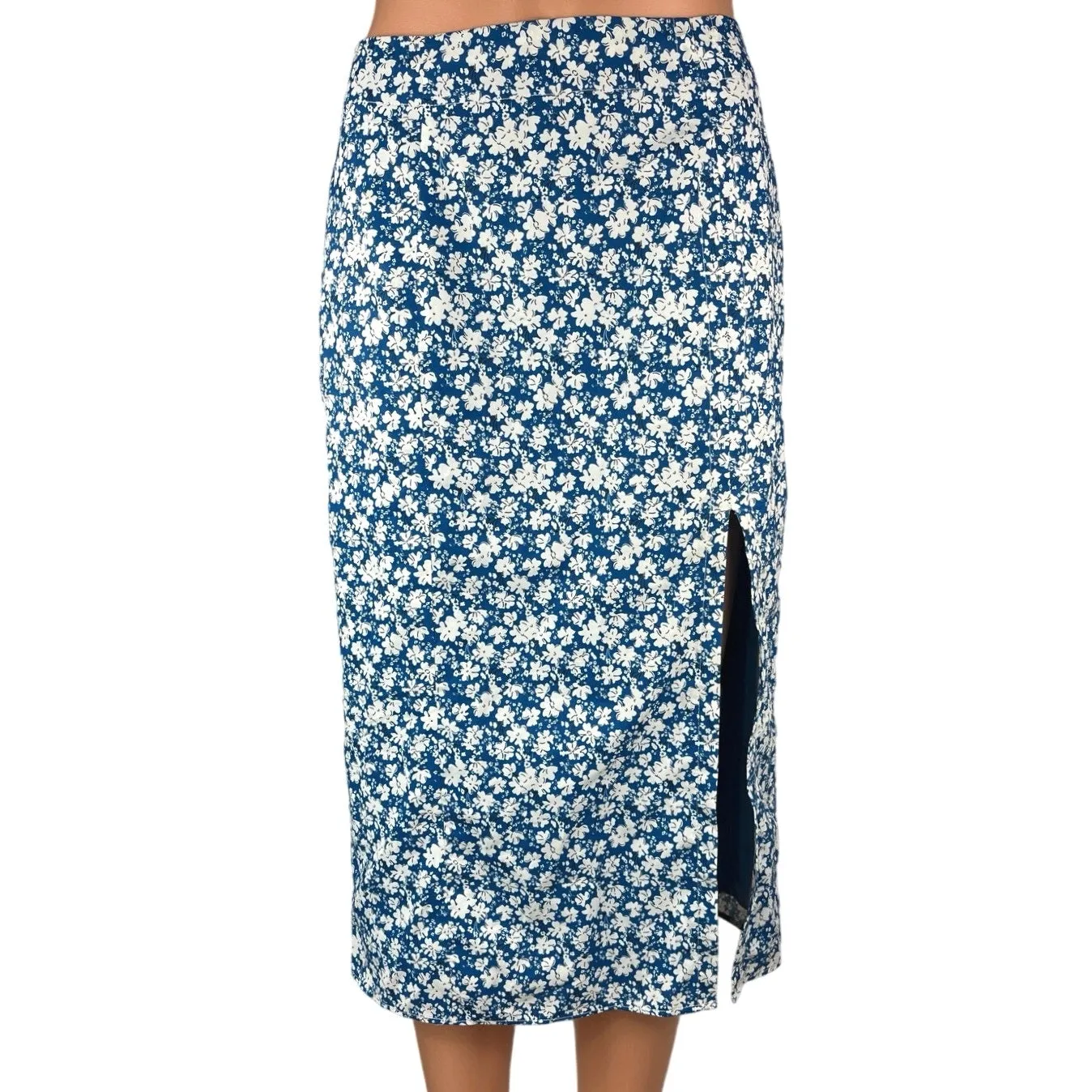 Commense Blue Floral Tropical Hawaiian High Waist Slit Pencil Midi Skirts Sz S