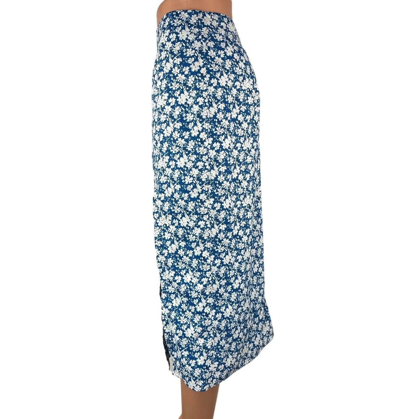 Commense Blue Floral Tropical Hawaiian High Waist Slit Pencil Midi Skirts Sz S