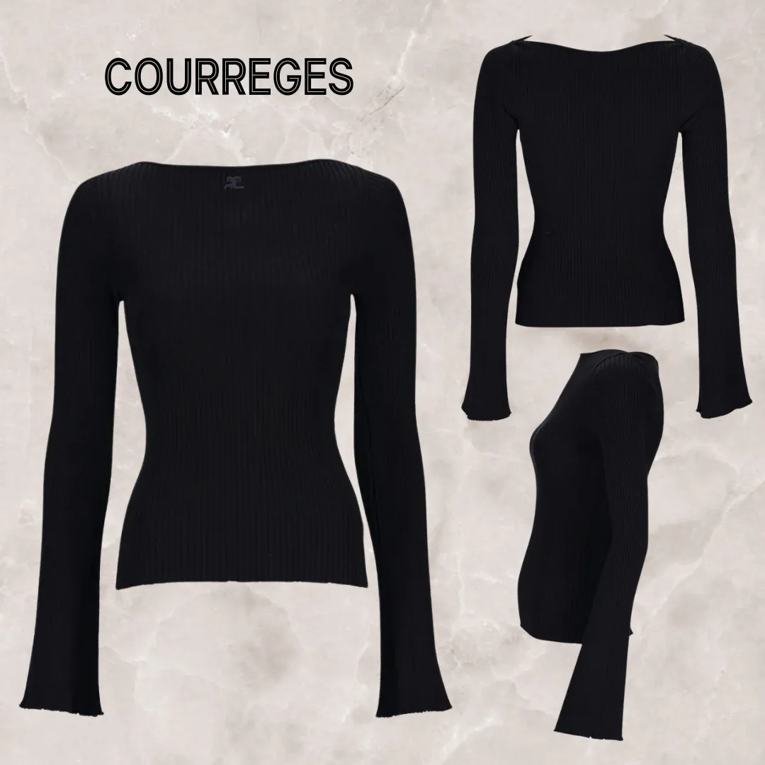 Courreges  |Long Sleeves Plain Logo V-neck & Crew neck