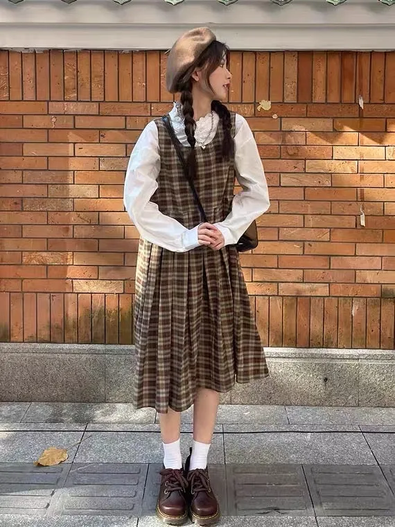 Cozy Treehouse Plaid Dark Academia Pinafore Dress