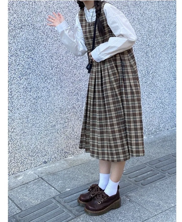 Cozy Treehouse Plaid Dark Academia Pinafore Dress