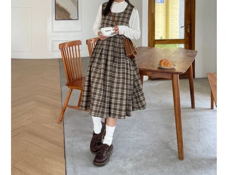 Cozy Treehouse Plaid Dark Academia Pinafore Dress