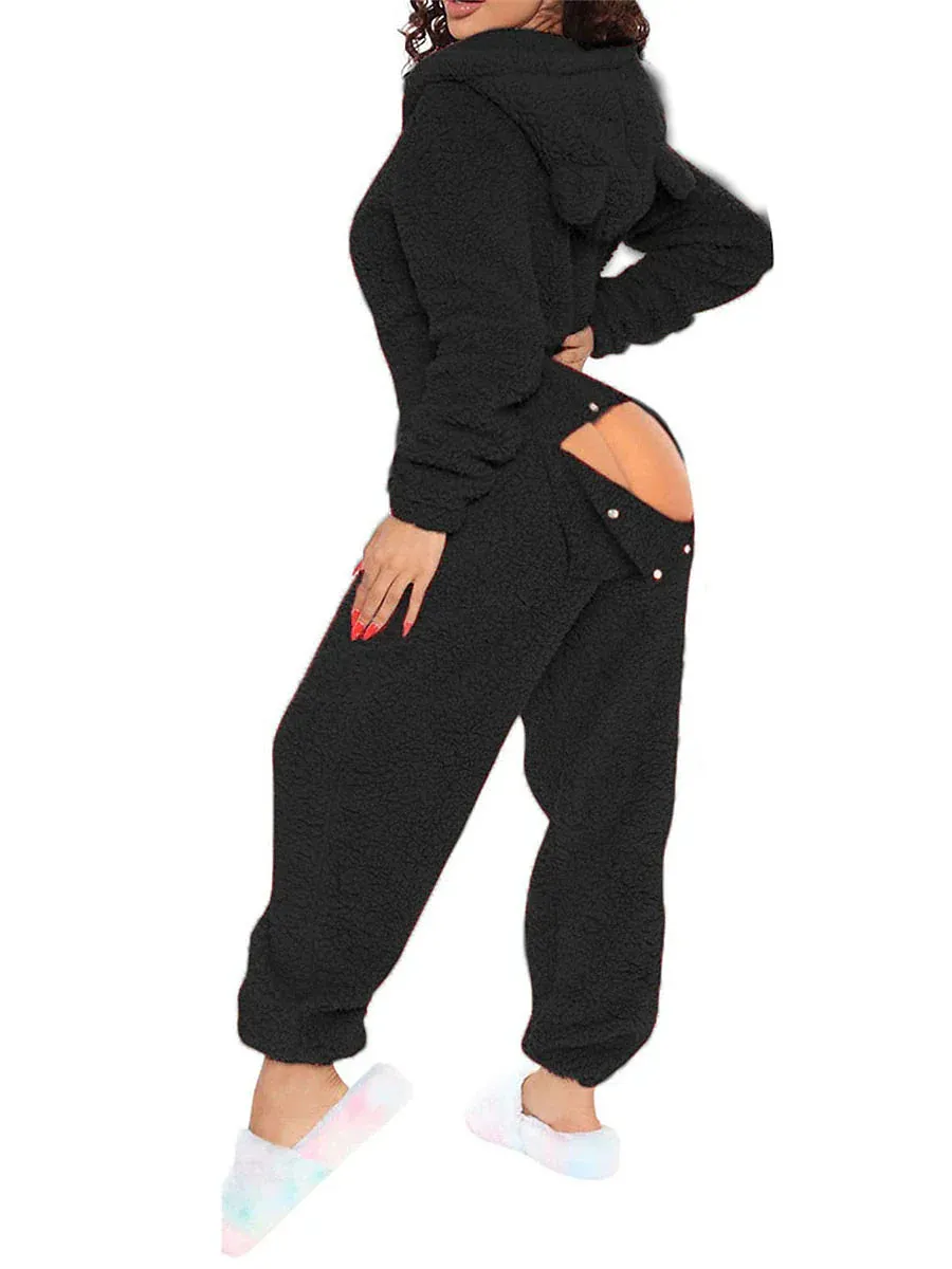 Cozy Women's Christmas Plush Onesie with Warm Hoodie and Long Sleeves