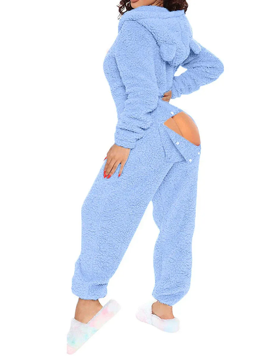 Cozy Women's Christmas Plush Onesie with Warm Hoodie and Long Sleeves