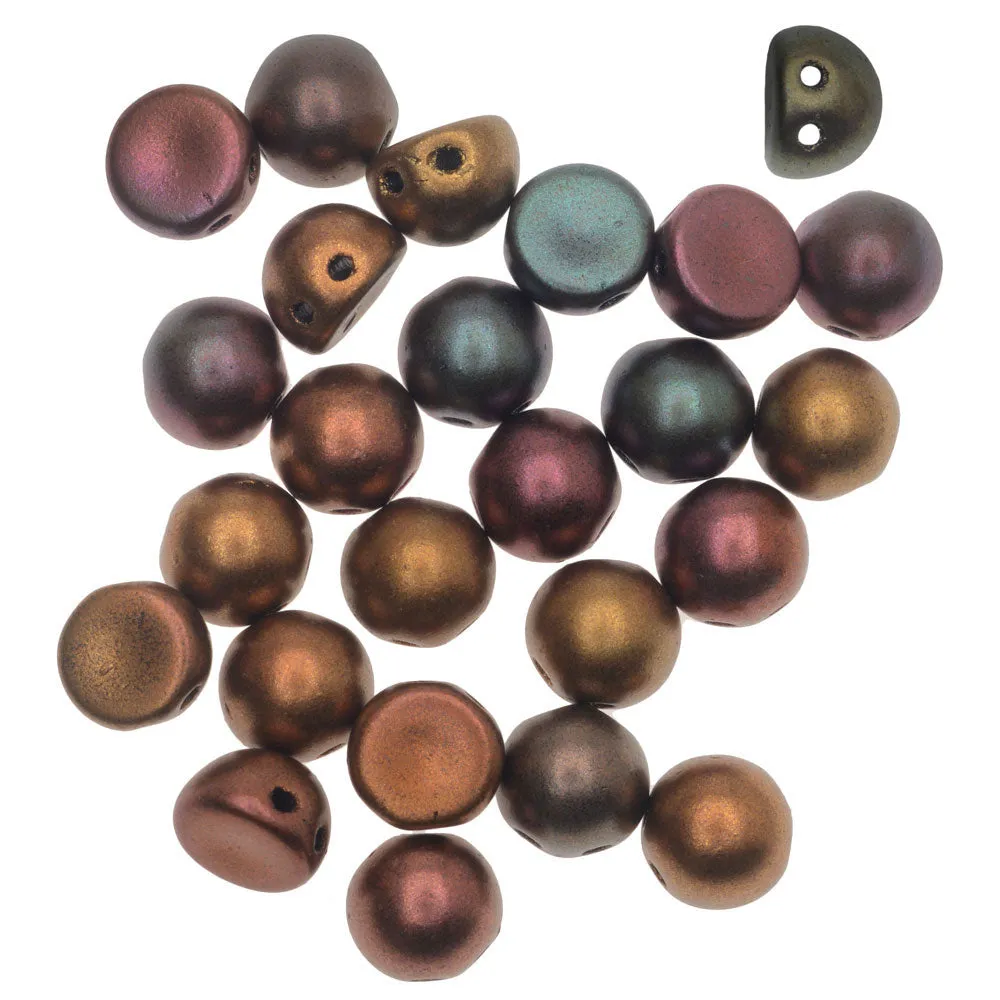 CzechMates Glass, 2-Hole Round Cabochon Beads 7mm Diameter, Matte Metallic Bronze Iris (2.5 Tube)