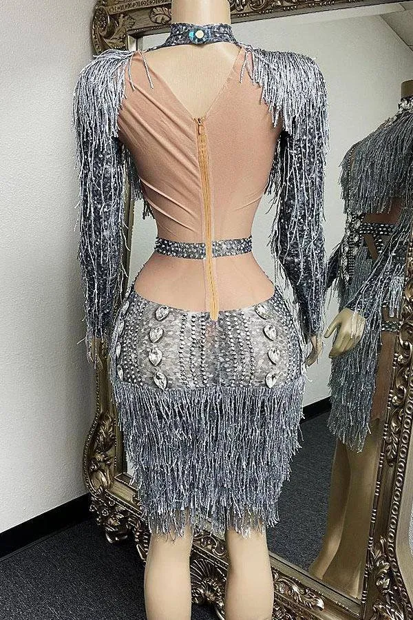 Deja Diamante Mesh Tassel Dress