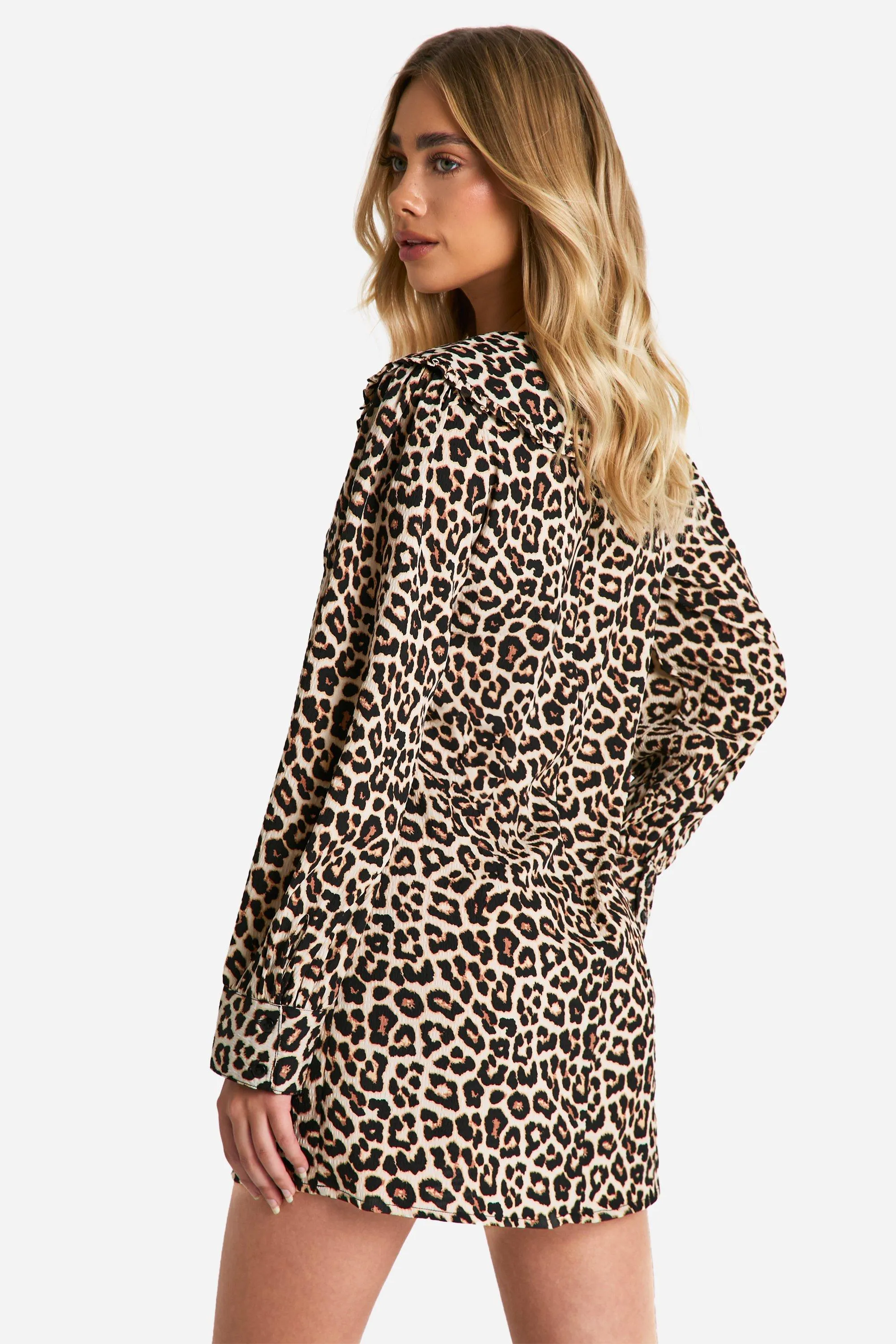 Dresses | Leopard Textured Oversized Collar Mini Dress | boohoo