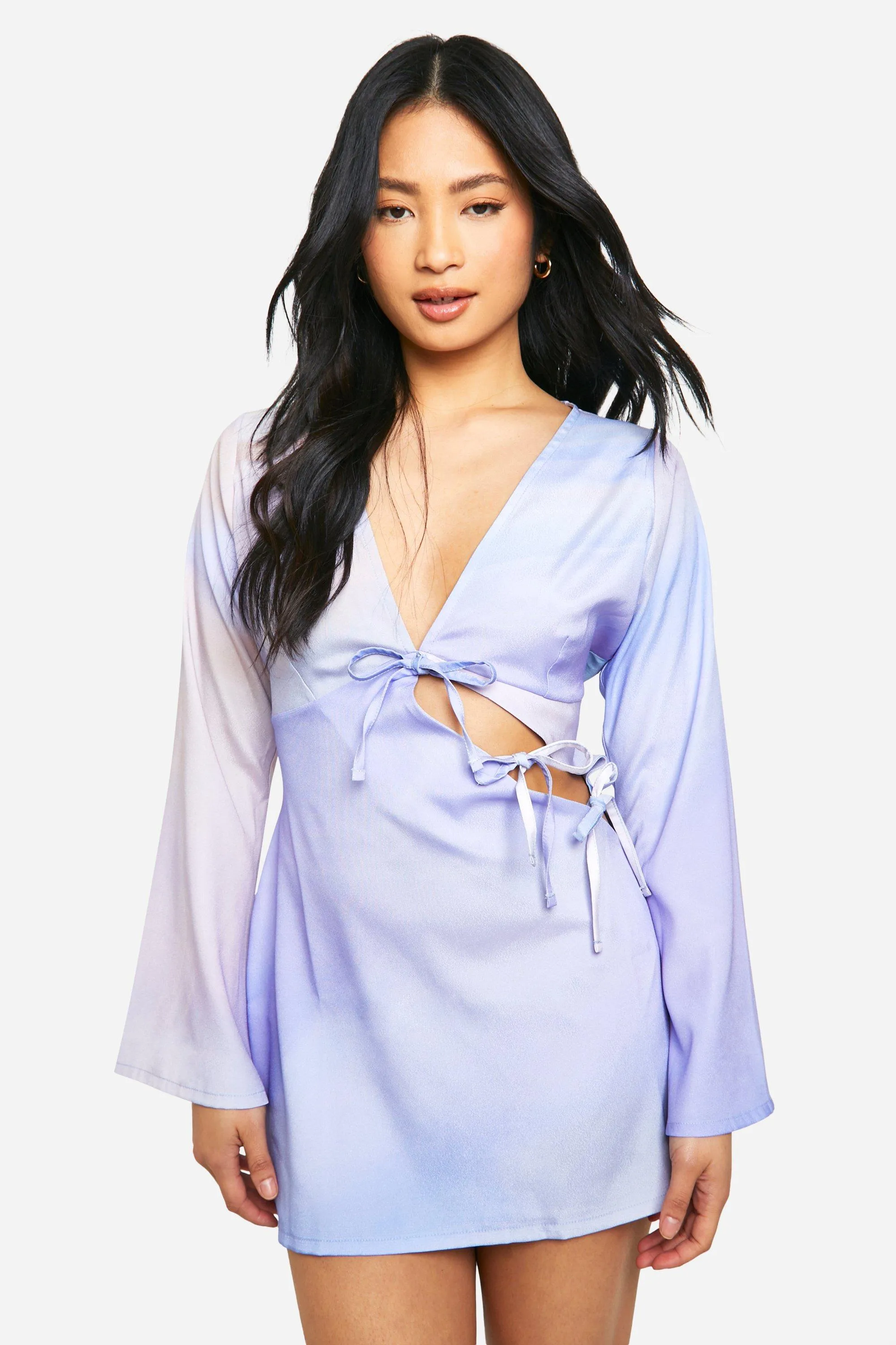 Dresses | Petite Tie Front Flare Sleeve Satin Mini Dress | boohoo