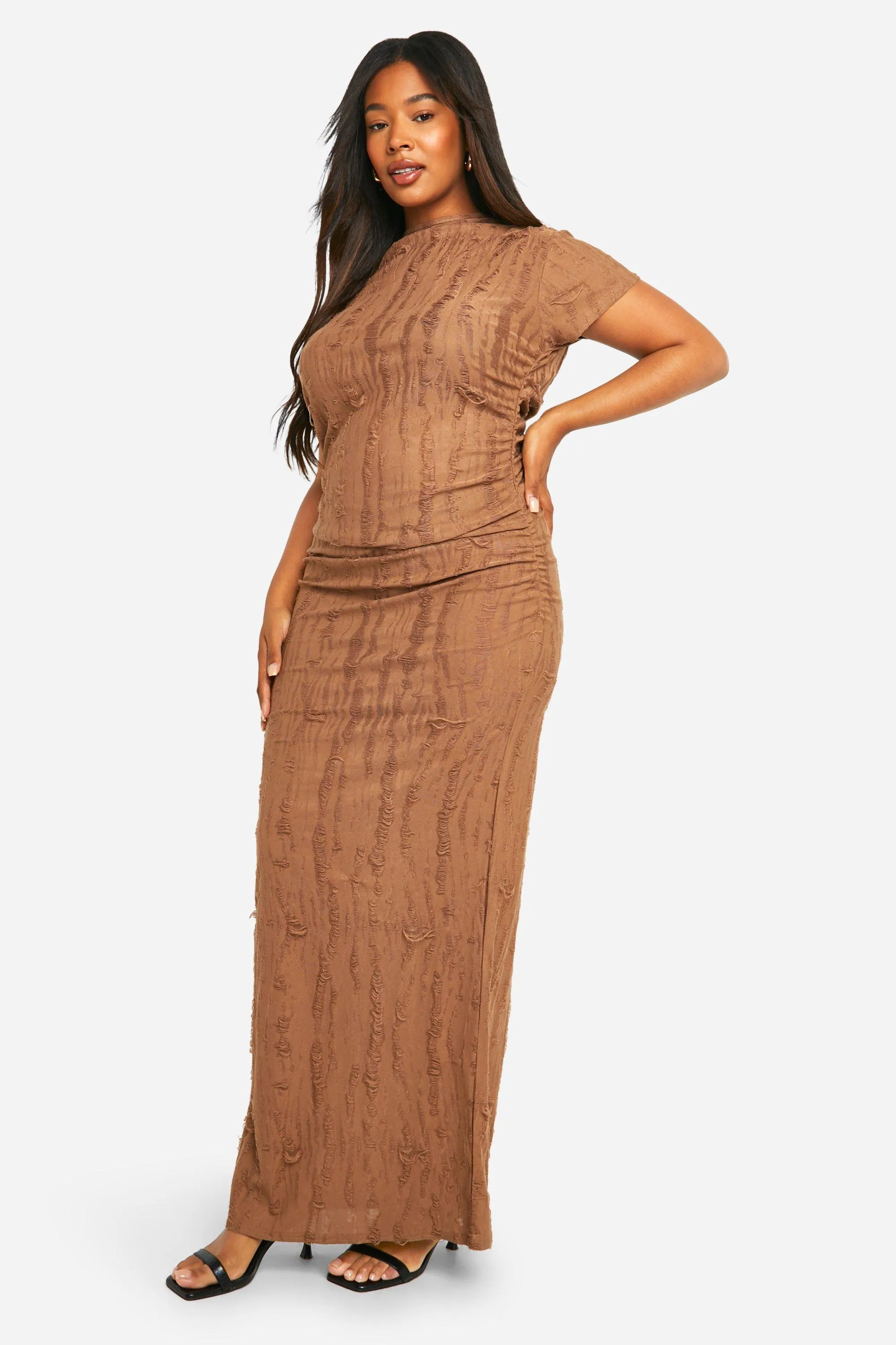 Dresses | Plus Tetxured Ruched Cap Sleeve Column Dress | boohoo