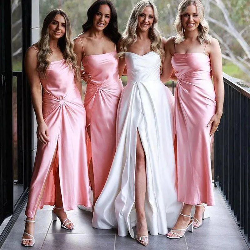 Elegant Spaghetti Straps Side Slit Mermaid Satin Long Bridesmaid Dresses Online, BG743