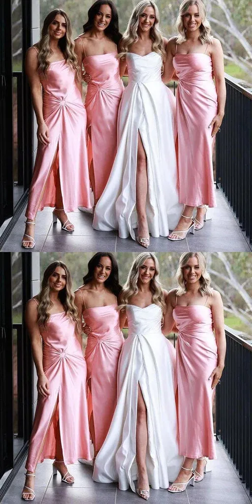 Elegant Spaghetti Straps Side Slit Mermaid Satin Long Bridesmaid Dresses Online, BG743